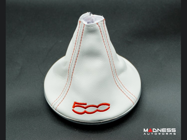 FIAT 500 Gear Shift Boot + Retaining Ring Set White ecoLeather w/ Red